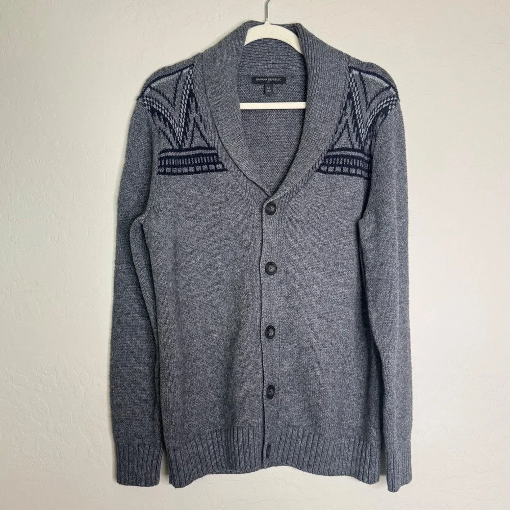 Banana Republic Mens Cotton Blend Cardigan M Grey Shawl Collar Preppy Academia